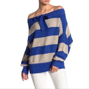 Free People Cassidy Off-the-Shoulder Striped Knit Sweater Bow Blue Cream Size L